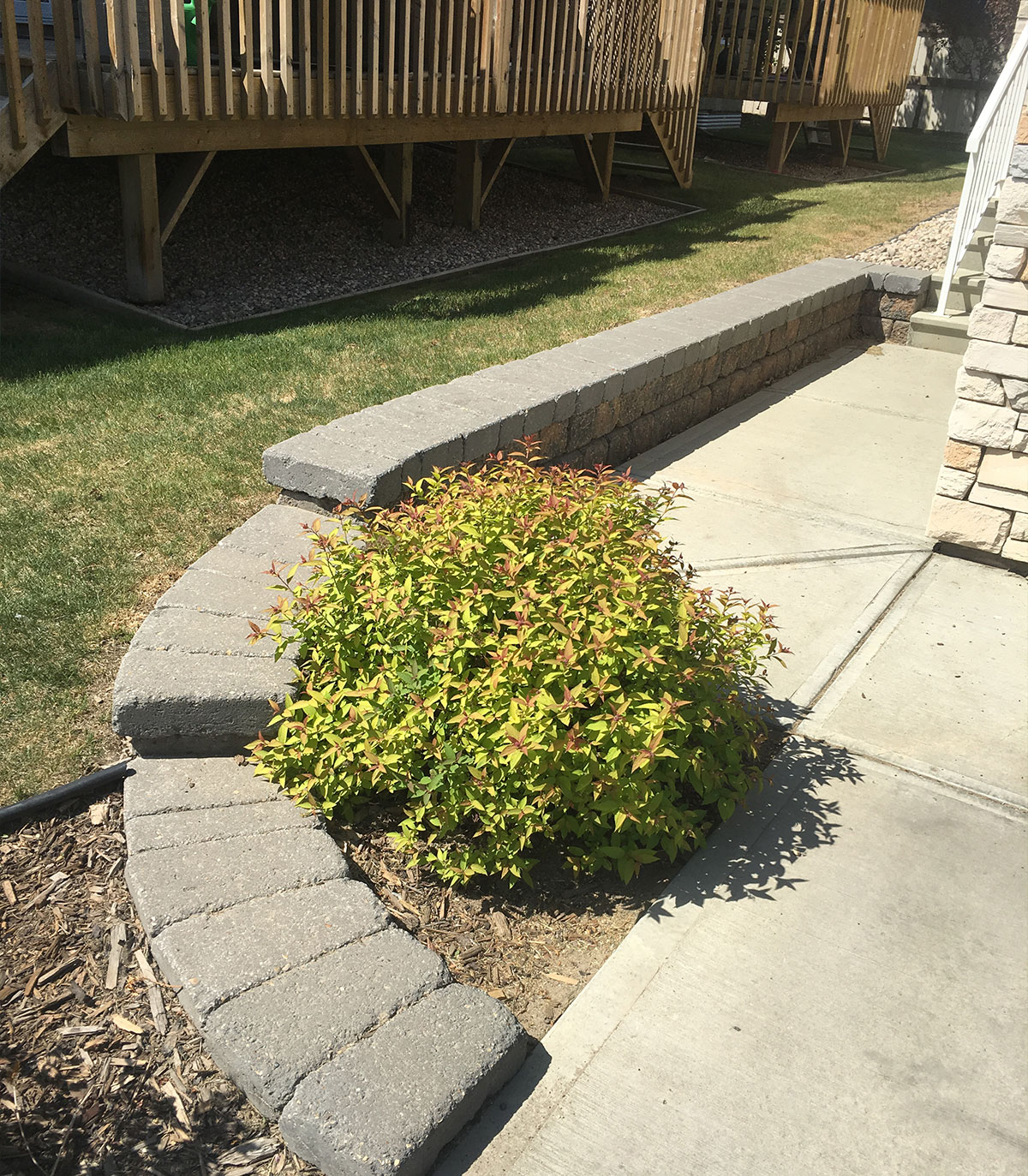 Curved block edging around a planted bed beside a paved surface