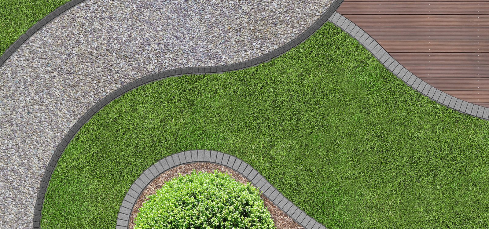Curved bed edging separating lawn, gravel and a deck
