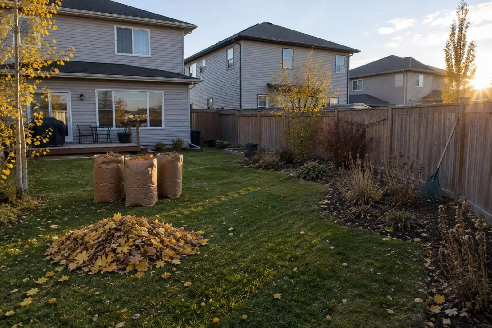 Raked lawn with a leaf pile and filled yard-waste bags in autumn
