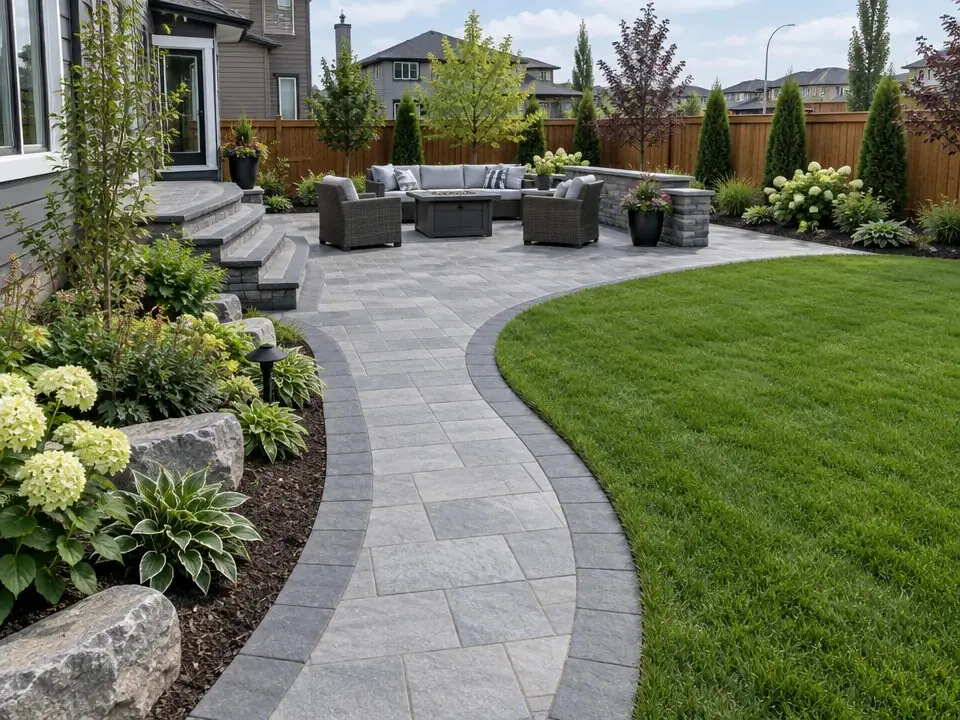 Grey paving stone patio with a curved walkway beside new lawn